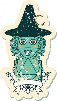 Retro Tattoo Style half orc witch character with natural 20 dice roll vector