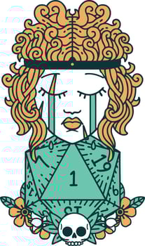 Retro Tattoo Style crying human barbarian with natural one D20 roll vector