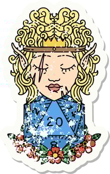 grunge sticker of a elf barbarian character with natural 20 dice roll vector