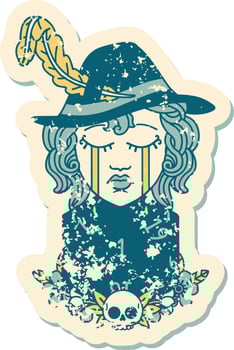 grunge sticker of a crying human bard with natural one D20 dice roll vector