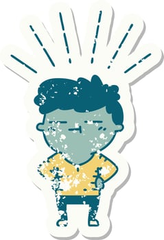 worn old sticker of a tattoo style happy man vector