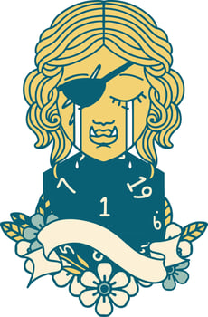 Retro Tattoo Style crying orc rogue character face with natural one d20 dice roll vector