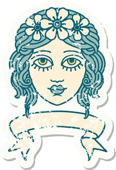 worn old sticker with banner of female face with crown of flowers vector