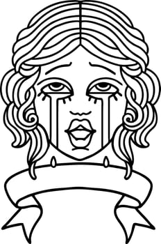 traditional black linework tattoo with banner of a very happy crying female face vector