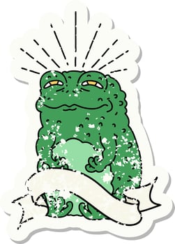worn old sticker of a tattoo style toad character vector
