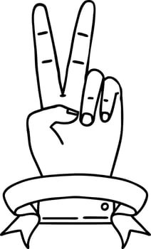 Black and White Tattoo linework Style peace two finger hand gesture with banner vector