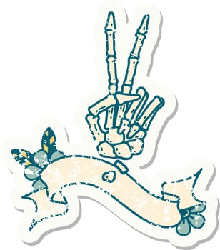 worn old sticker with banner of a skeleton giving a peace sign vector