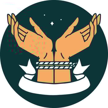 tattoo style icon with banner of a pair of tied hands vector