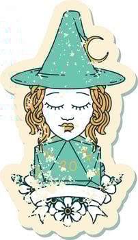 Retro Tattoo Style human witch with natural twenty dice roll vector