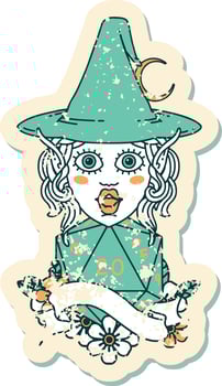 Retro Tattoo Style elf mage character with natural twenty dice roll vector