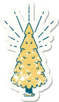 worn old sticker of a tattoo style pine tree vector