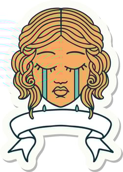 tattoo style sticker with banner of female face crying vector