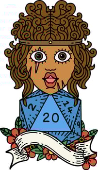 Retro Tattoo Style human barbarian with natural twenty dice roll vector