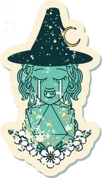Retro Tattoo Style crying half orc witch with natural one D20 dice roll vector