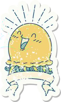 worn old sticker of a tattoo style happy jellyfish vector