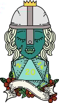 Retro Tattoo Style half orc fighter with natural 20 dice roll vector