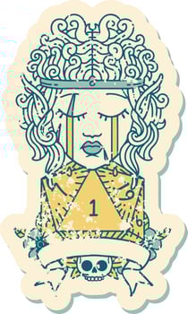Retro Tattoo Style sad elf barbarian character with natural one roll vector