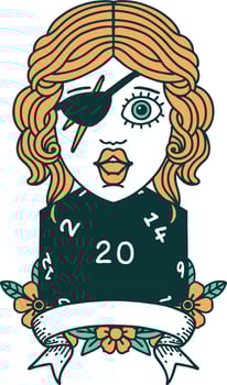 Retro Tattoo Style human rogue with natural 20 dice roll vector