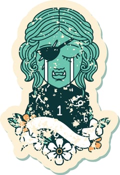 Retro Tattoo Style crying orc rogue character face with natural one d20 dice roll vector
