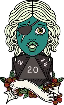Retro Tattoo Style orc rogue character with natural twenty dice roll vector