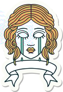 tattoo style sticker with banner of female face crying vector