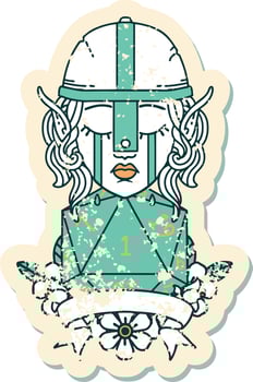 Retro Tattoo Style crying elf fighter character face with natural one D20 roll vector