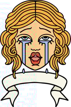 traditional tattoo with banner of a very happy crying female face vector