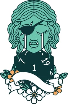 Retro Tattoo Style crying orc rogue character face with natural one d20 dice roll vector