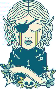 Retro Tattoo Style sad elf rogue character face with natural one d20 roll vector