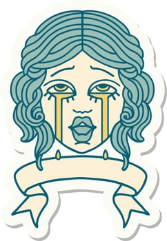 tattoo style sticker with banner of a very happy crying female face vector