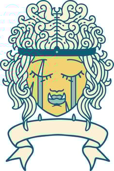 Retro Tattoo Style crying orc barbarian character face with banner vector