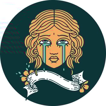 tattoo style icon with banner of female face crying vector