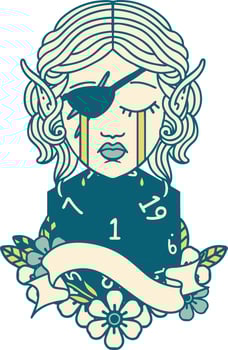 Retro Tattoo Style crying elf rogue character face with natural one D20 roll vector