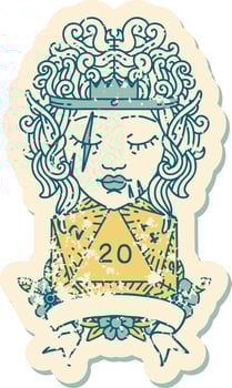 Retro Tattoo Style elf barbarian character with natural twenty dice roll vector