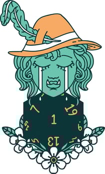 Retro Tattoo Style sad half orc bard character with natural one d20 roll vector
