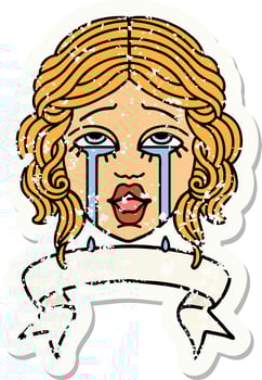 worn old sticker with banner of a very happy crying female face vector