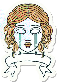worn old sticker with banner of female face crying vector