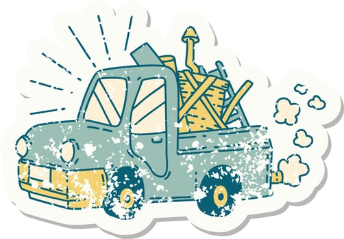 worn old sticker of a tattoo style truck carrying junk vector