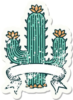 worn old sticker with banner of a cactus vector