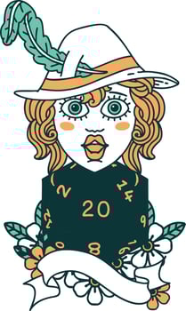 Retro Tattoo Style human bard with natural twenty dice roll vector