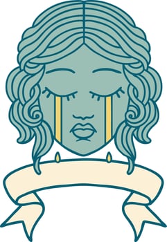 traditional tattoo with banner of female face crying vector