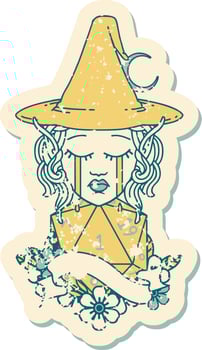 Retro Tattoo Style crying elf mage character face with natural one D20 roll vector