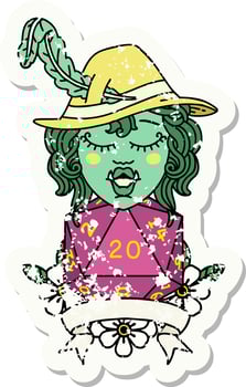 Retro Tattoo Style half orc bard with natural 20 dice roll vector