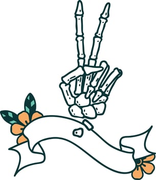 traditional tattoo with banner of a skeleton giving a peace sign vector