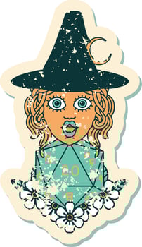 grunge sticker of a human witch with natural twenty dice roll vector