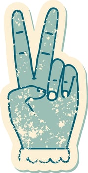 grunge sticker of a peace symbol two finger hand gesture vector