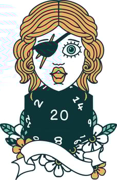 Retro Tattoo Style human rogue with natural 20 dice roll vector