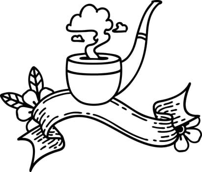 traditional black linework tattoo with banner of a smokers pipe vector