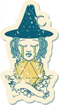 Retro Tattoo Style human witch with natural one D20 roll vector