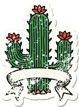worn old sticker with banner of a cactus vector